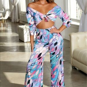 Oh Polly Abstract Satin Wide Leg Matching Set